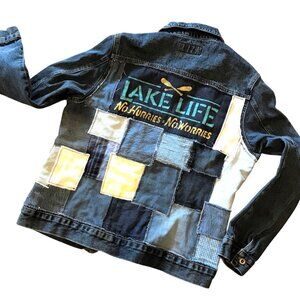 Upcycled Denim Patch Jacket: Lake Life Theme Patchwork Jean Coat, Women’s Large